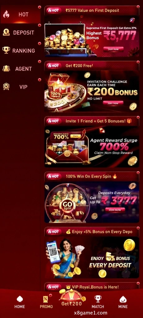Illustrative offer list with HOT, Deposit, Ranking, Agent and VIP navigation