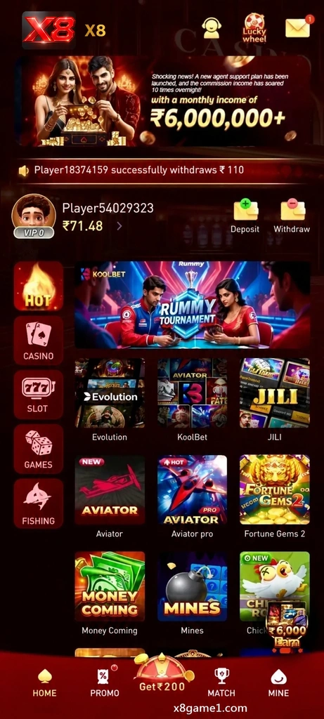 Illustrative X8 lobby with Casino, Aviator and Fish Shooting categories